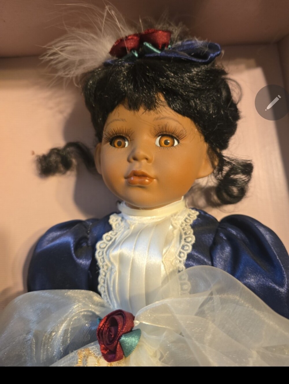 100126 Porcelain Doll 16” African American Blue Vintage Dress box 22ee!